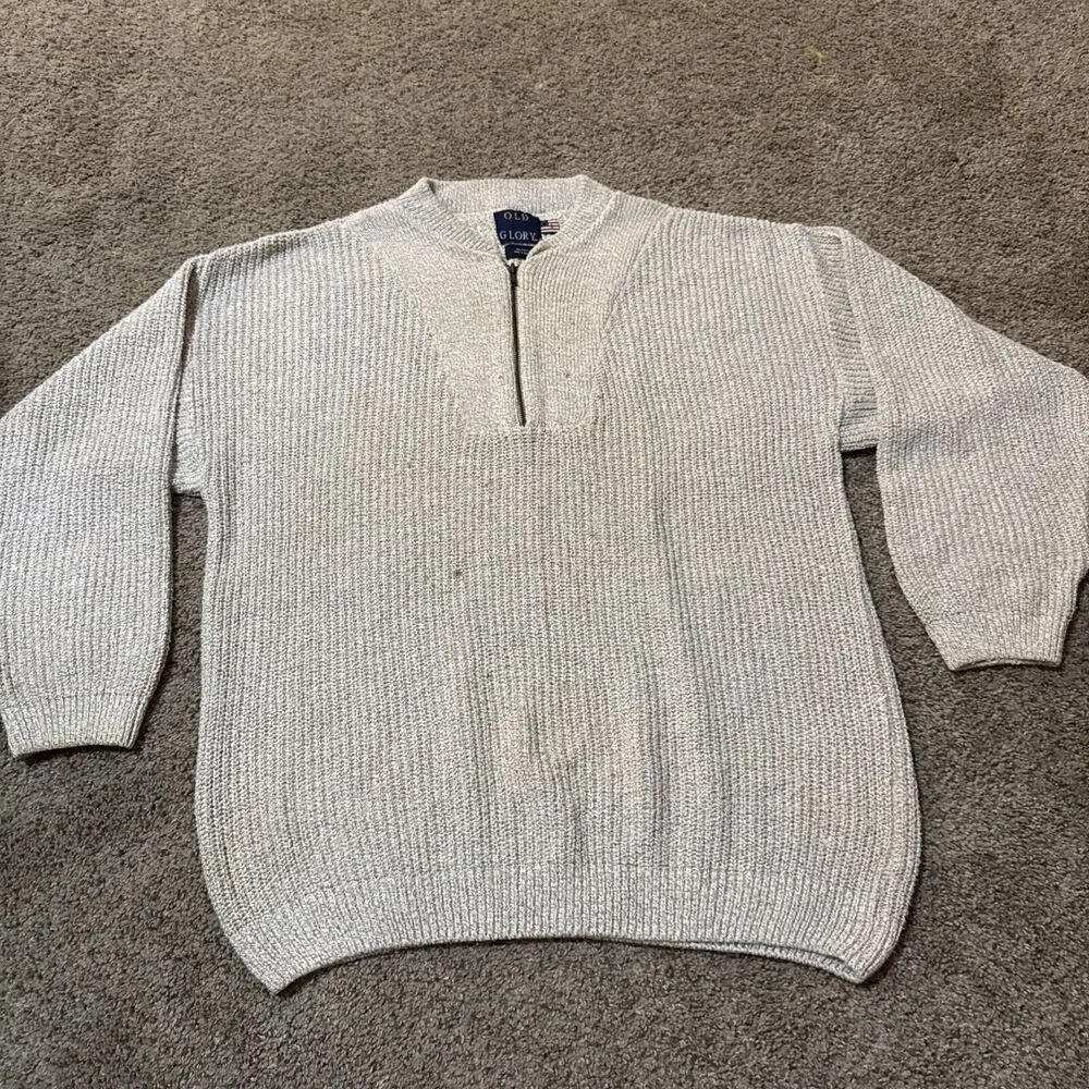 Vintage Old Glory Mens Quarter Zip Pullover L Sweater 100% Cotton Chunky Knit